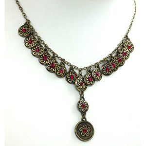 VINTAGE AVON 1980's signed NRT antiqued brass, red rhinestones necklace 17"-20"3
